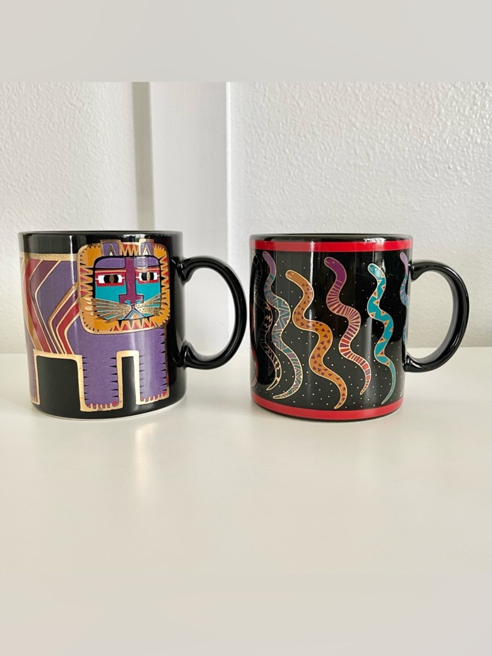 VTG Pair Laurel Burch Ancient Treasure Coffee Mugs Japan Lion Cat Snake Spirit